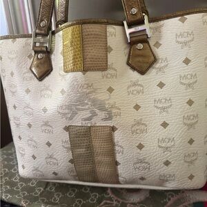 MCM White and Gold Visetos Tote with Brown Trim